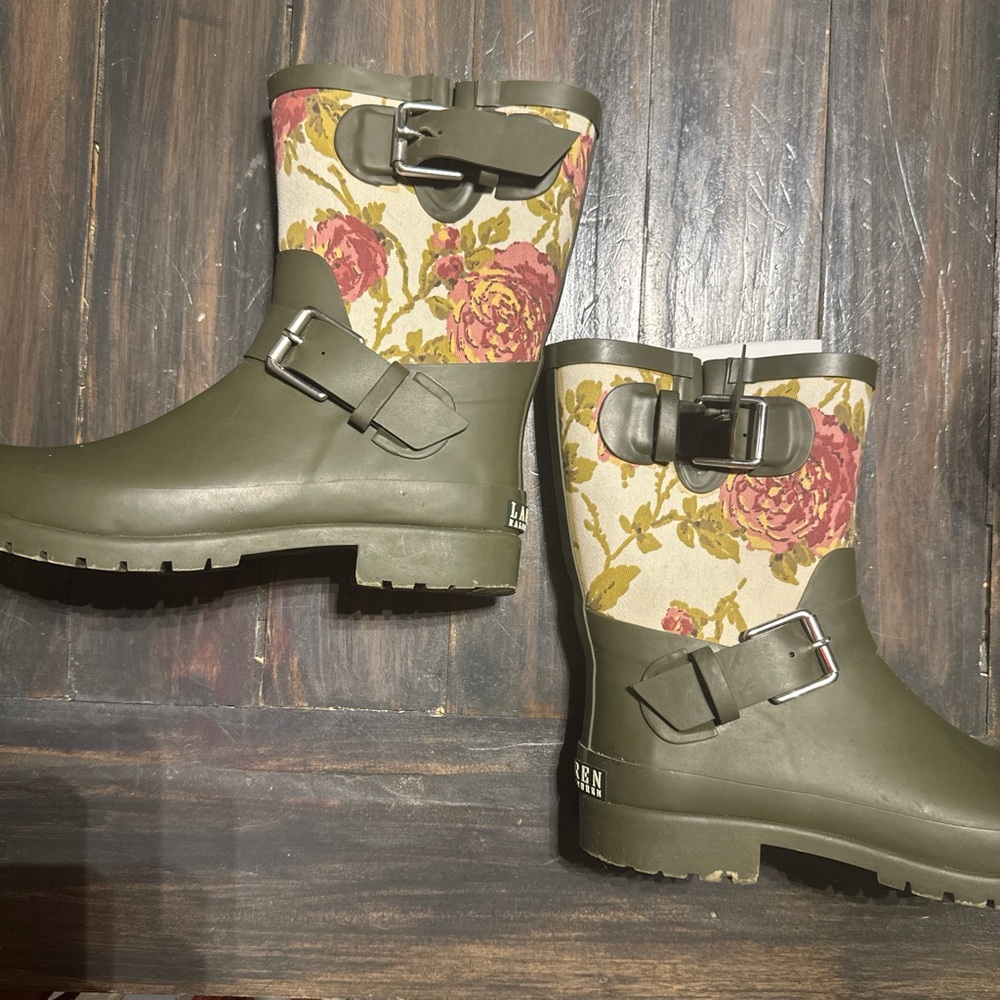 Ralph Lauren Green and Cream Winter Rain Boots